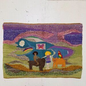 Wall Art Rug Woven Farm Valley Animal Lake Water Hills Nature Handmade 25.5 x 37